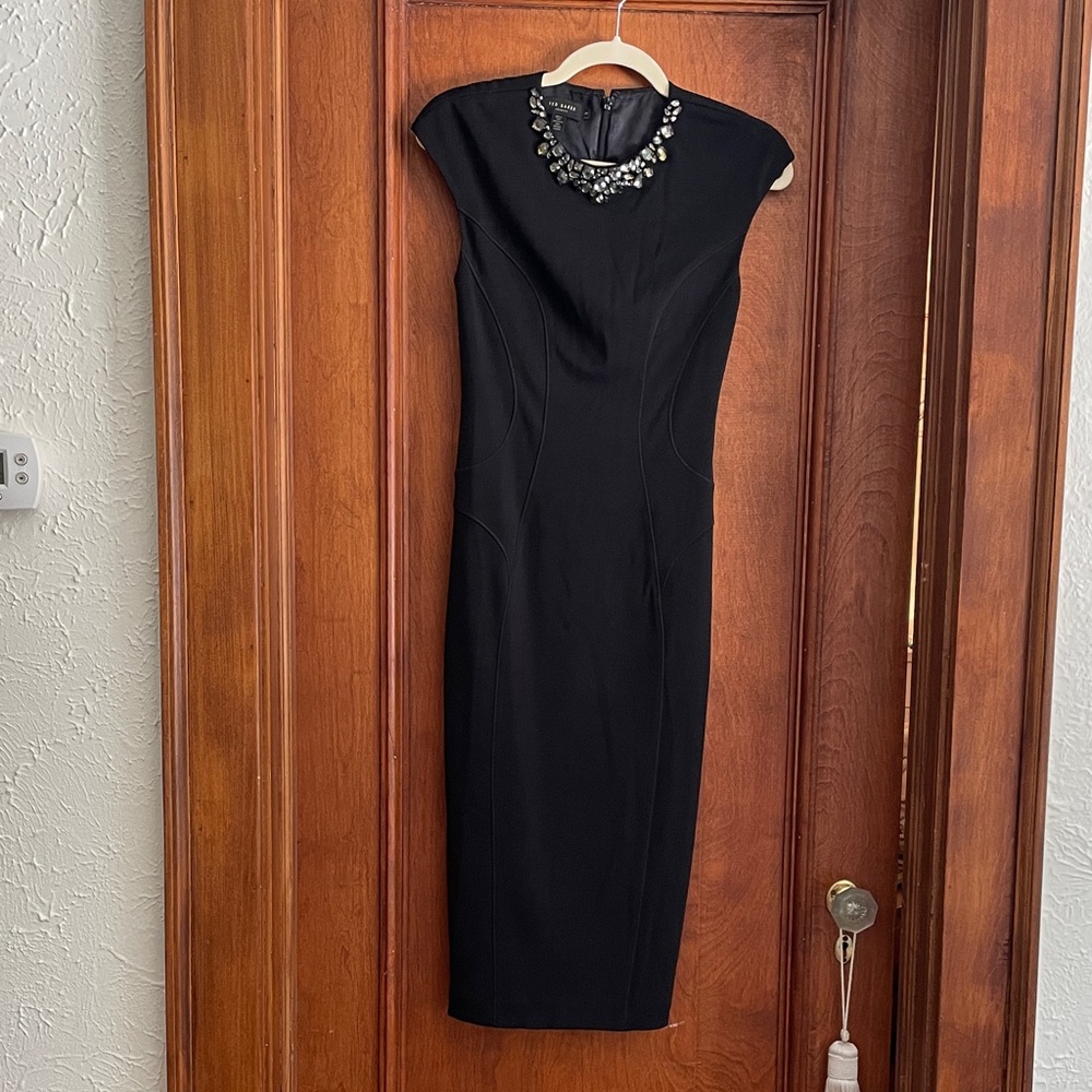 Ted Baker Black Midi Dress with Embellished Neckline